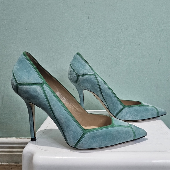 NEW ROGER VIVIER Green Suede Two Tone Leather Pointed Toe Stiletto Heels sz 36 - Picture 4 of 15